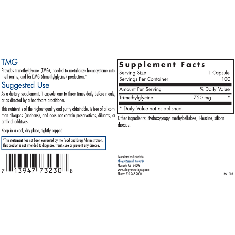 TMG 750mg (100 capsules)