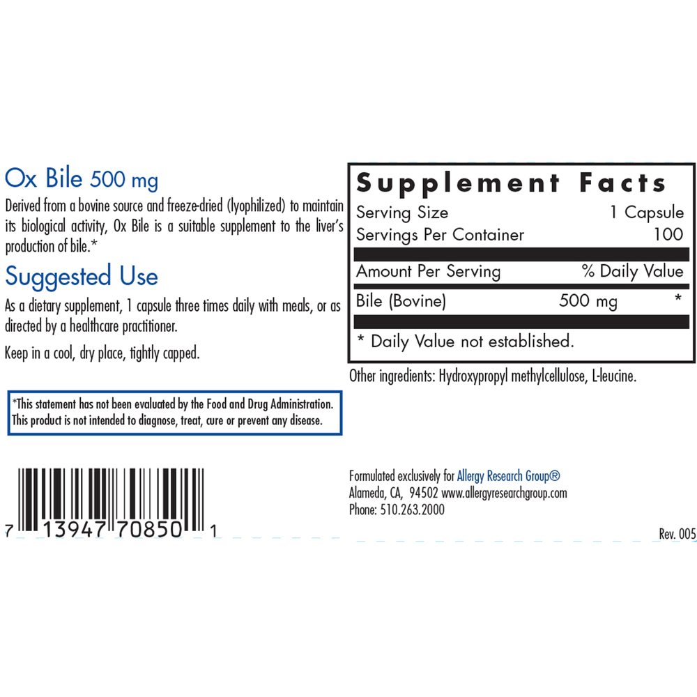 Ox Bile 500mg (100 capsules)